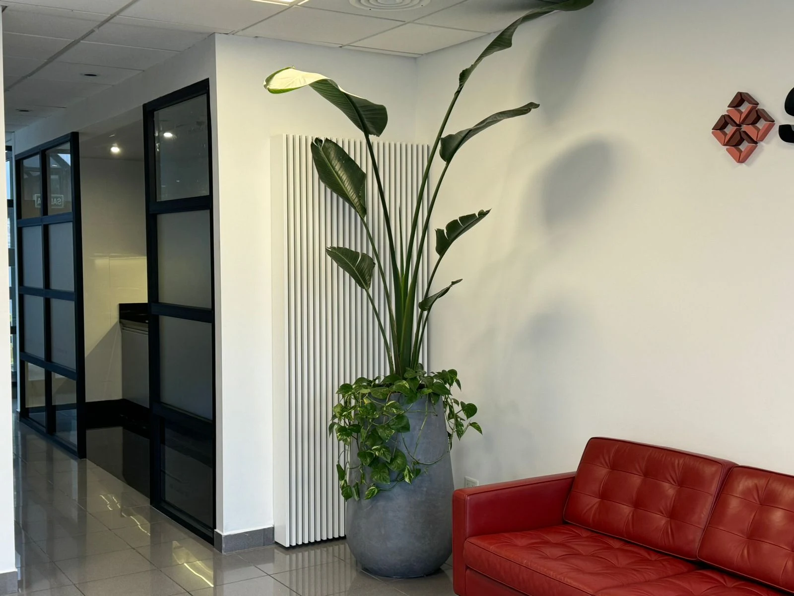Sector junto al pasillo con mamparas de vidrio, revestimiento vertical, vegetación y sillón rojo